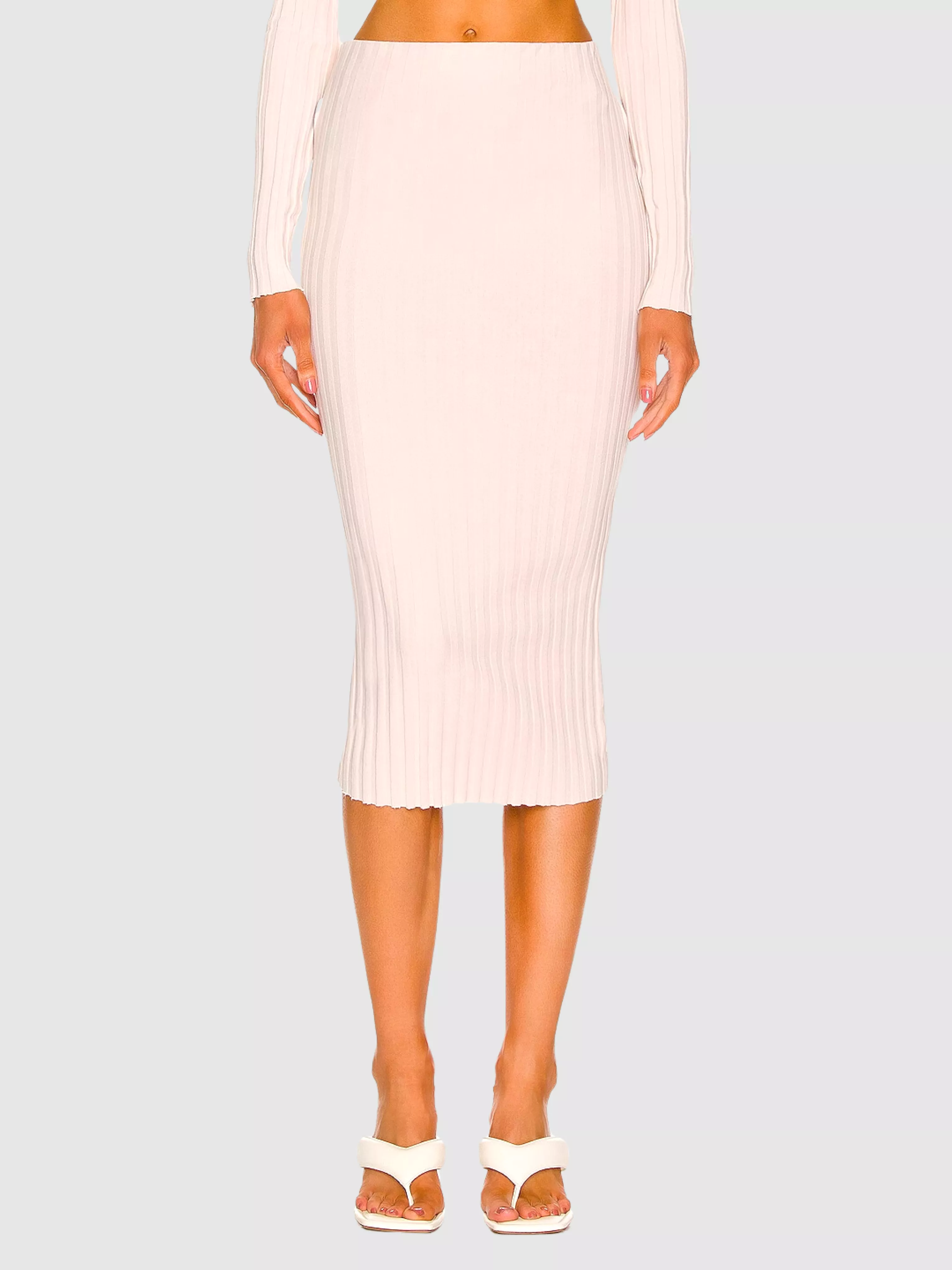 Capri Blush Ribbed Midi Skirt - Pink Rib Knit Knee-length Pencil Skirt - Buy Now