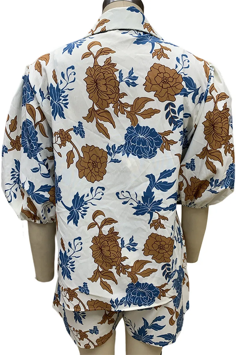 Casual Floral Pocket Short Sleeve Three Pieces