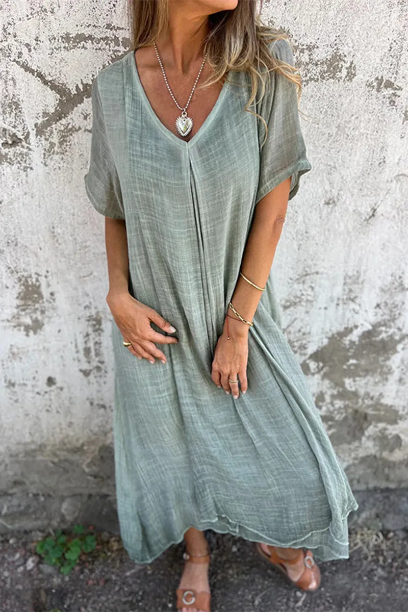 Vintage V Neck Short Sleeve Dress for Women