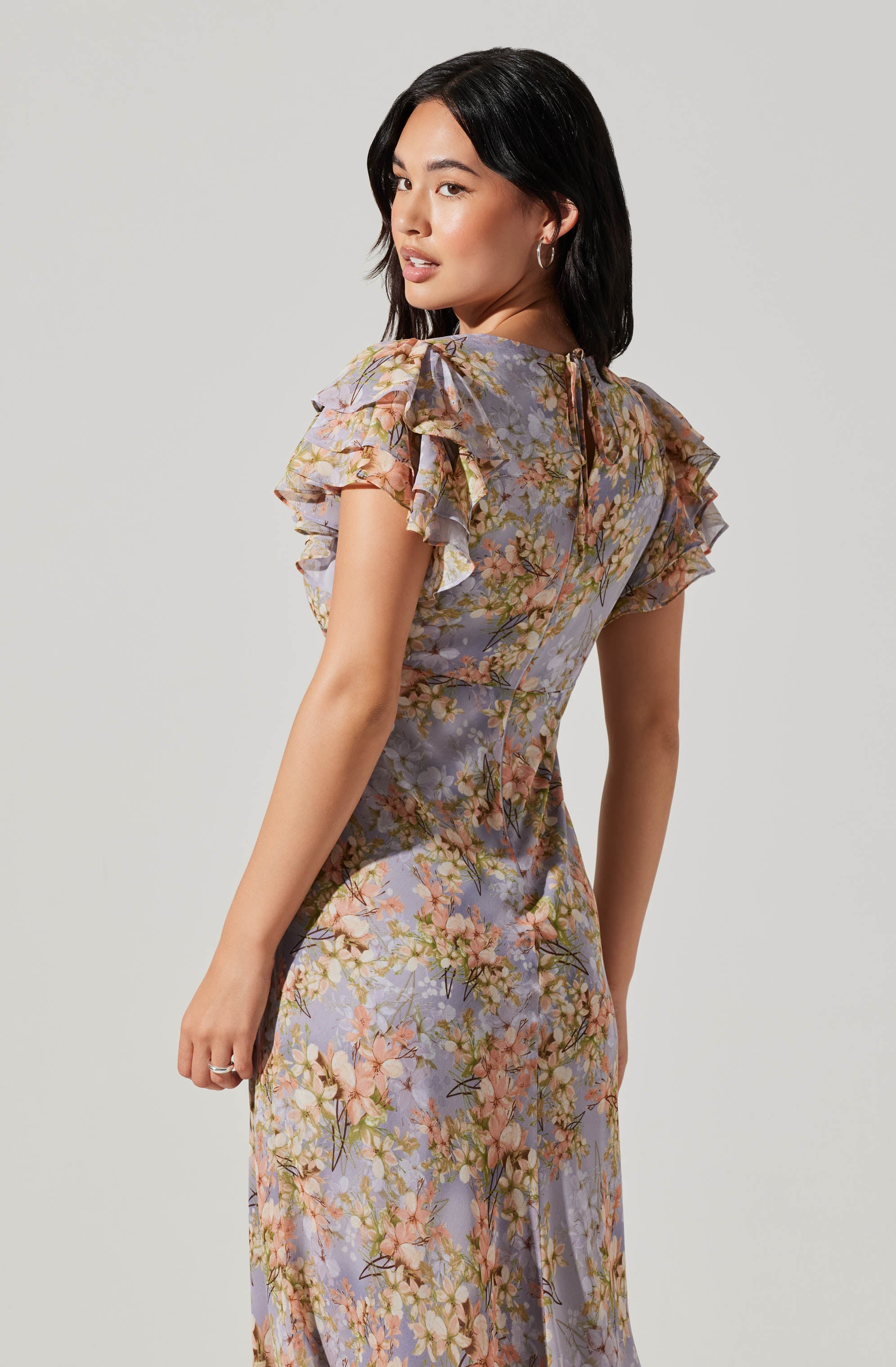 Celestine Floral Flutter Sleeve Midi Dress - Flowy Flutter Sleeve Midi Dress with Floral Print