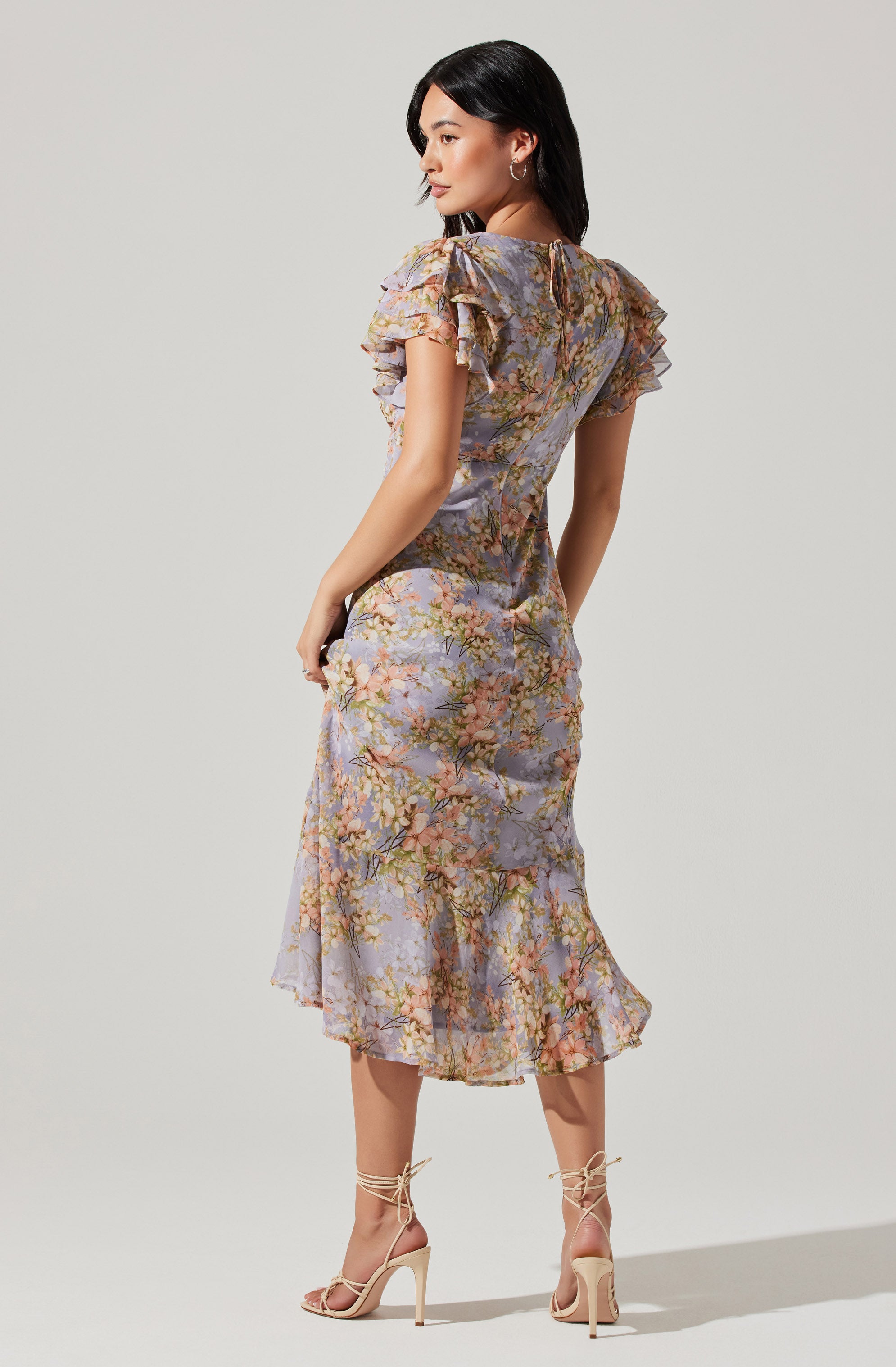 Celestine Floral Flutter Sleeve Midi Dress - Flowy Flutter Sleeve Midi Dress with Floral Print