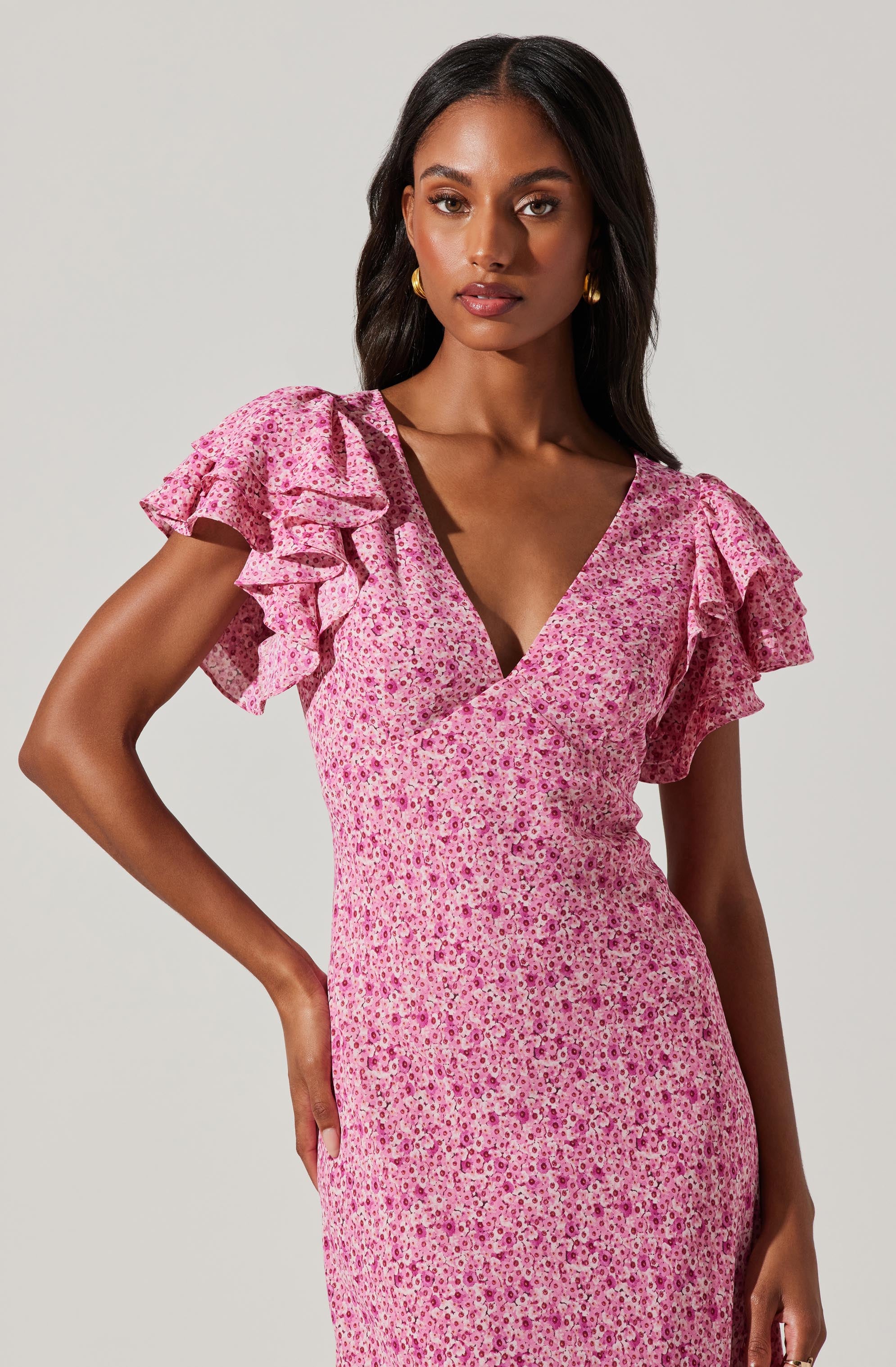 Celestine Floral Flutter Sleeve Midi Dress - Flowy Flutter Sleeve Midi Dress with Floral Print