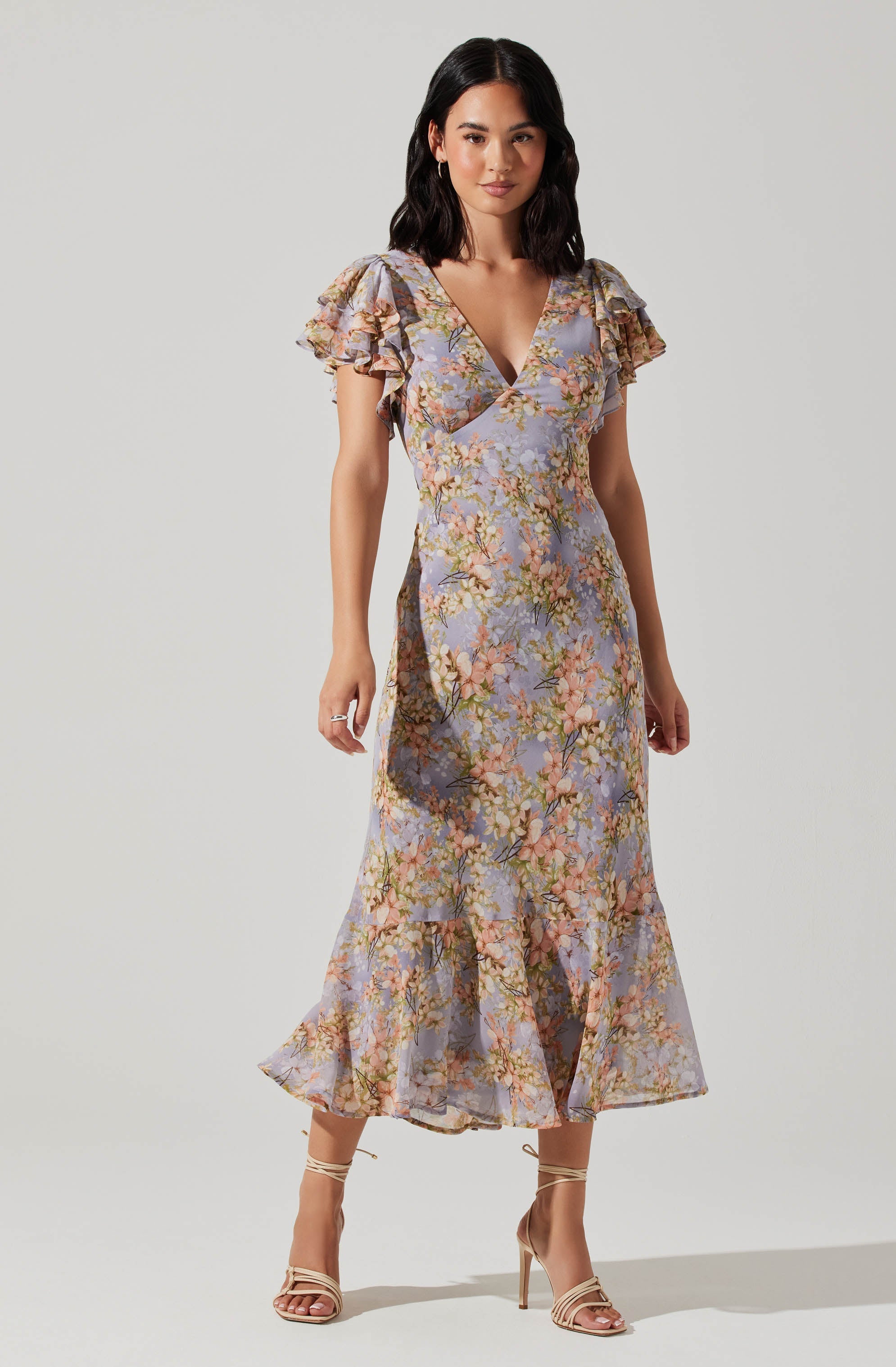 Celestine Floral Flutter Sleeve Midi Dress - Flowy Flutter Sleeve Midi Dress with Floral Print