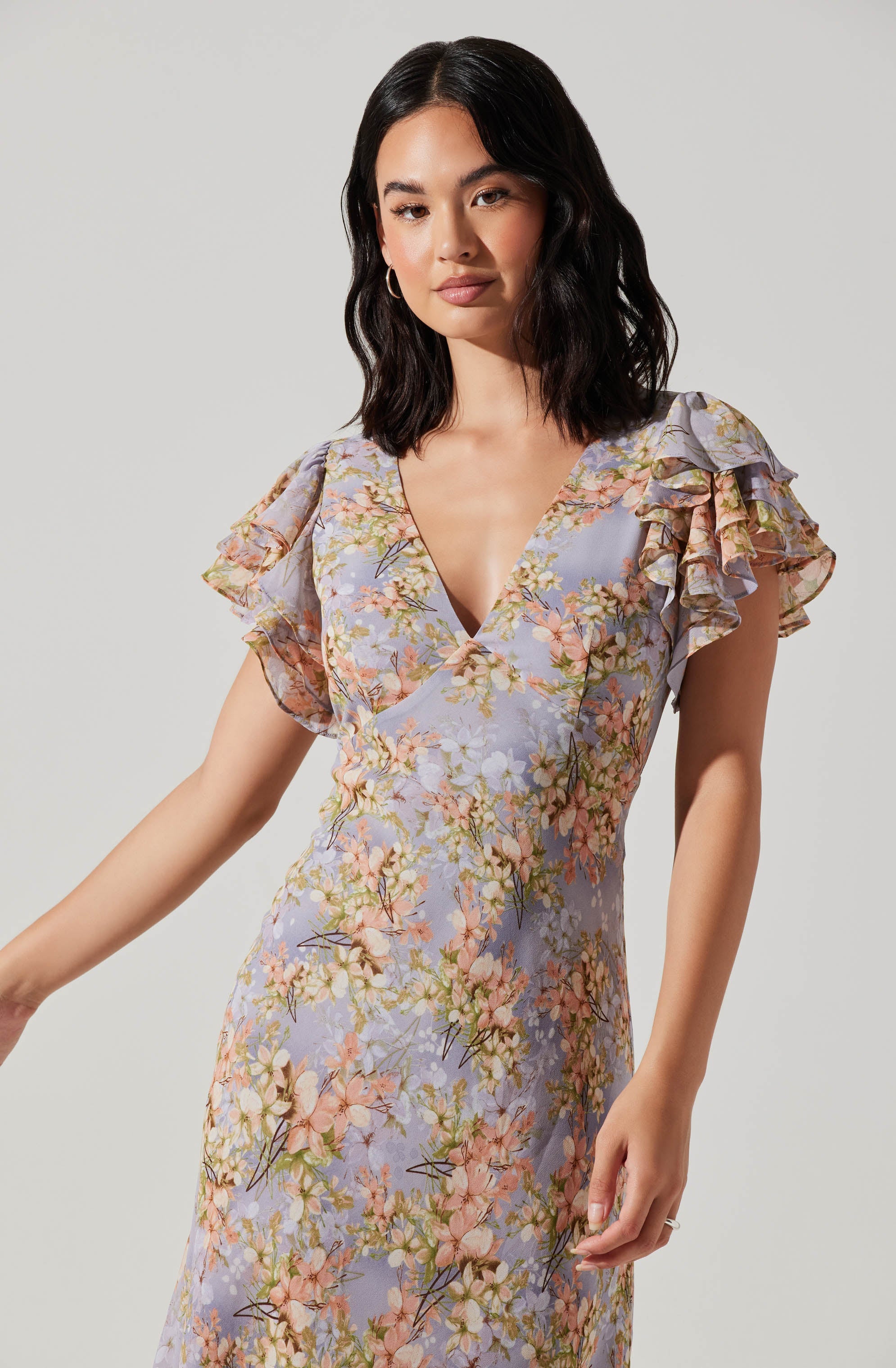 Celestine Floral Flutter Sleeve Midi Dress - Flowy Flutter Sleeve Midi Dress with Floral Print