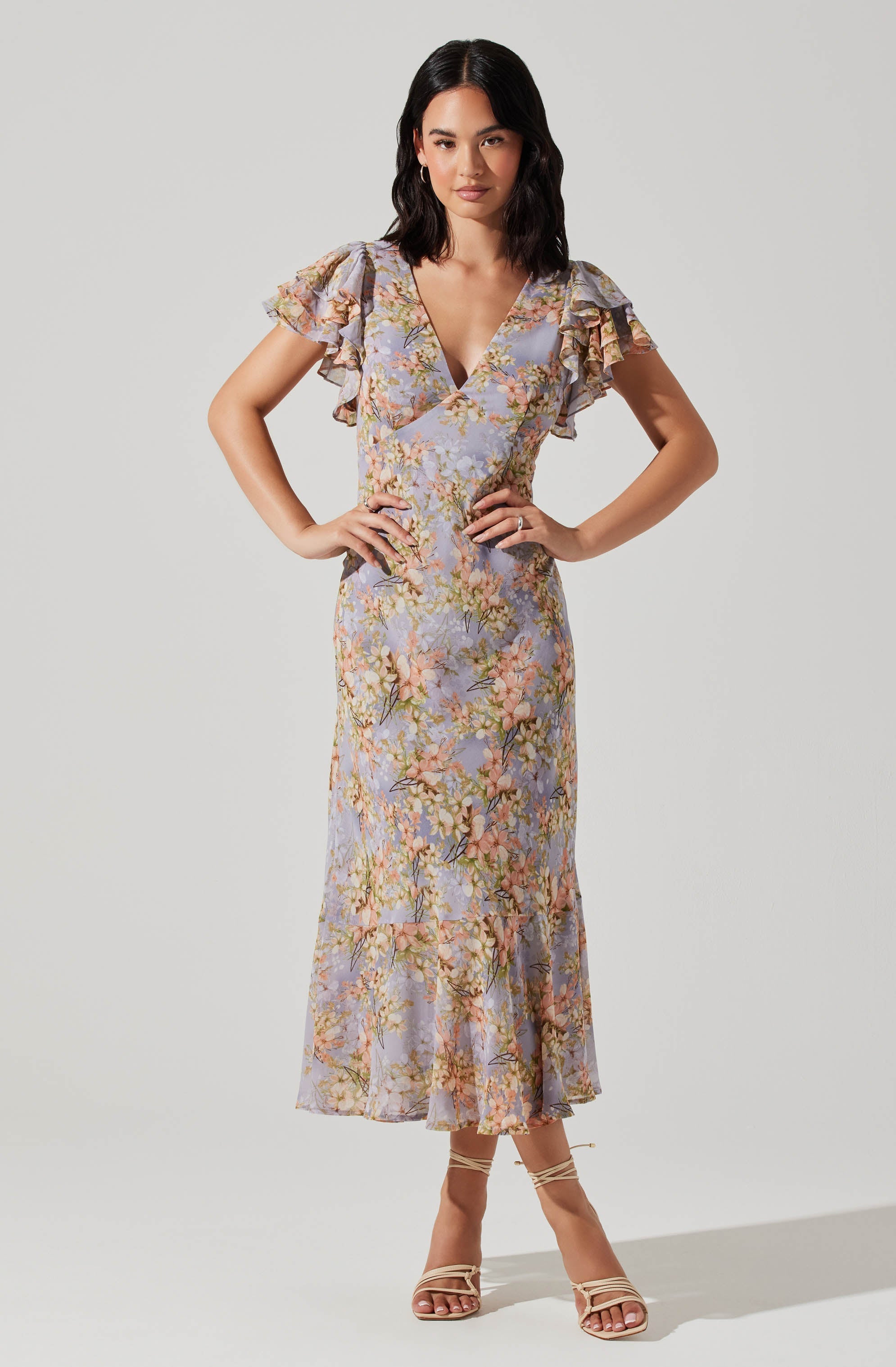 Celestine Floral Flutter Sleeve Midi Dress - Flowy Flutter Sleeve Midi Dress with Floral Print