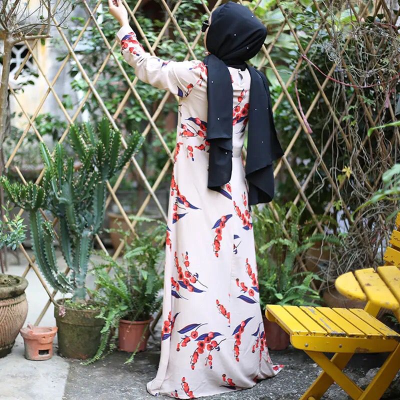 Cherry Floral Print Maxi Dress for Women - Long Sleeve Chiffon Muslim Abaya