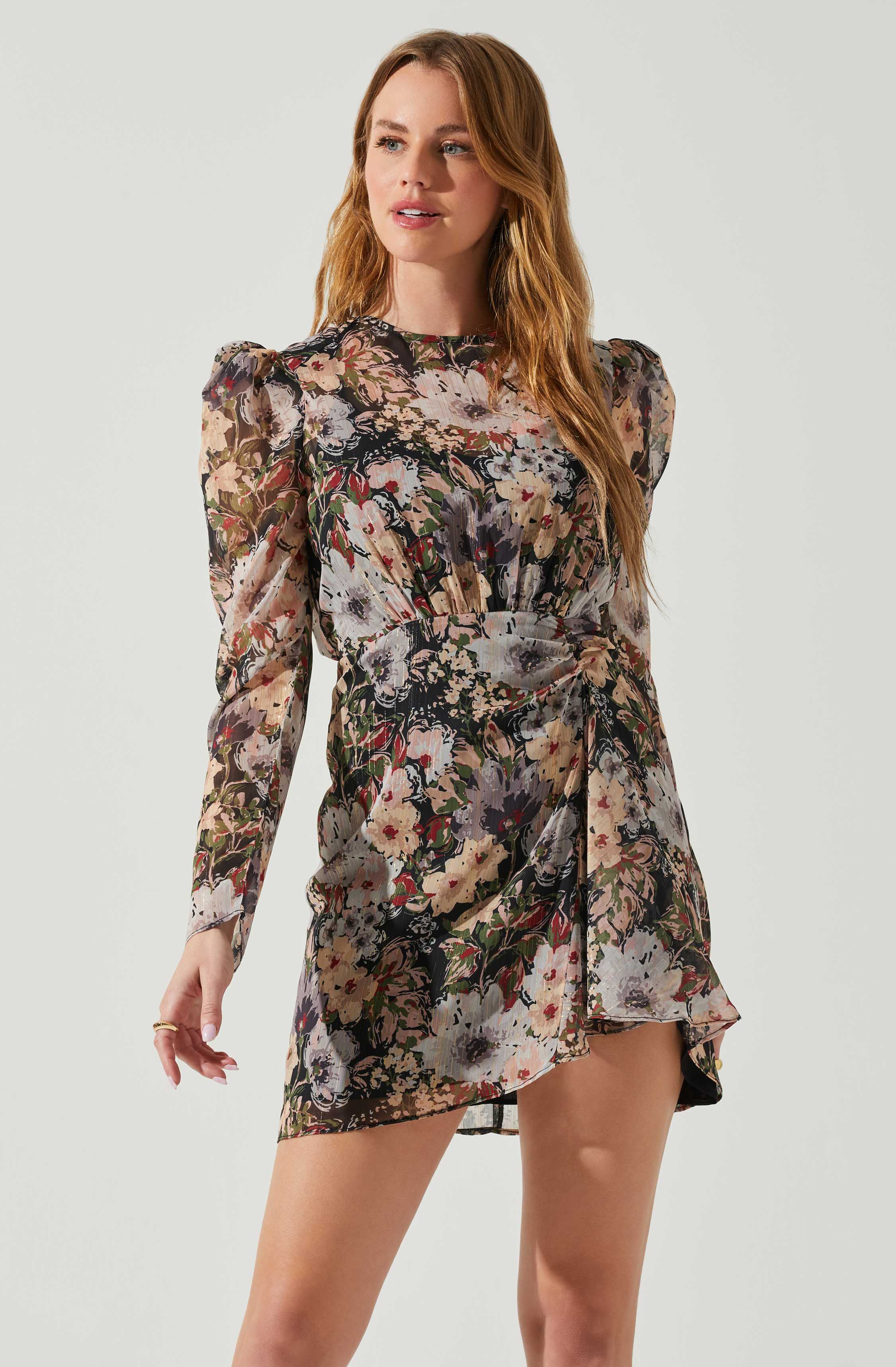 Cindy Long Sleeve Mini Dress - Floral Design