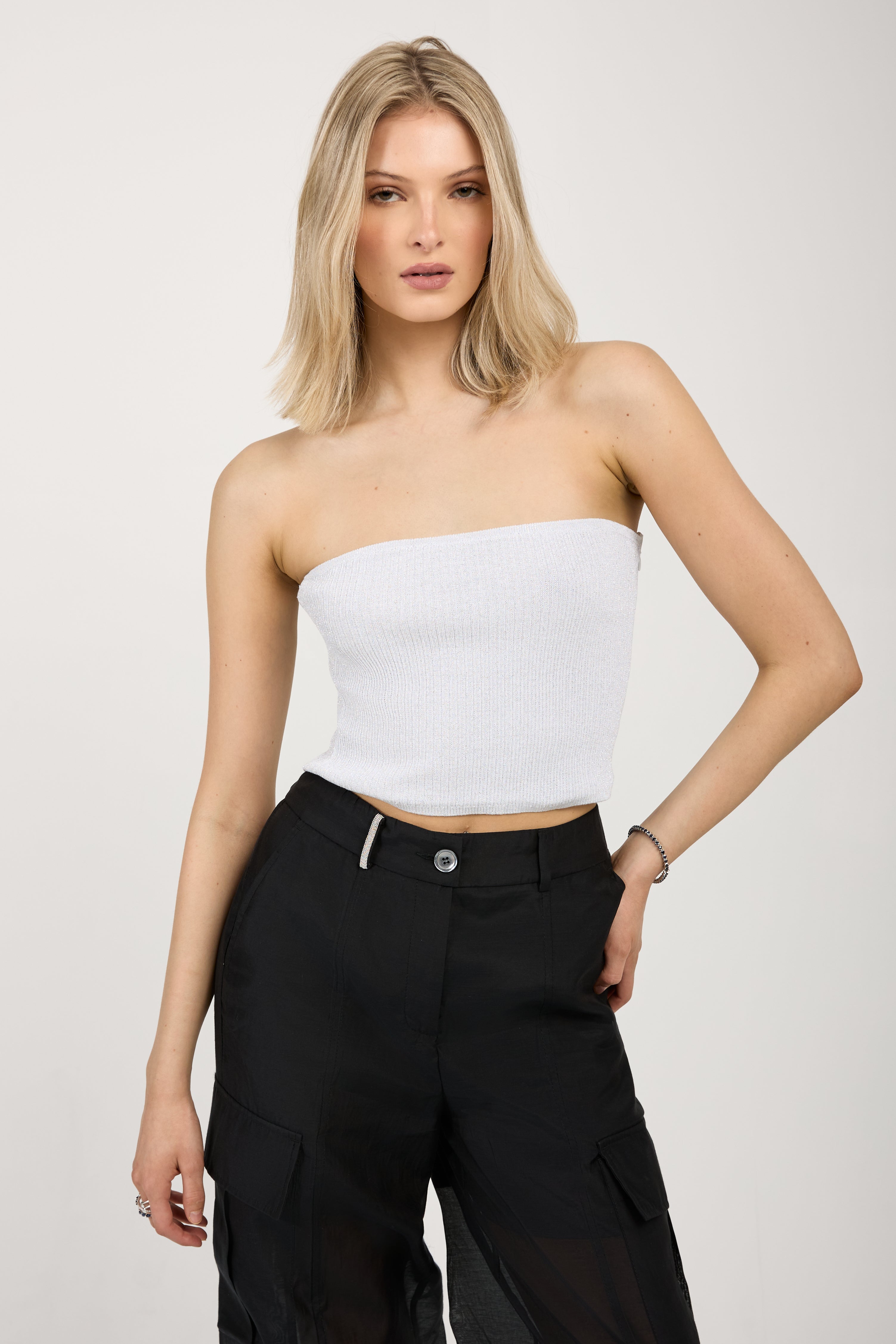 Cotton Knit Bustier Top White Silver Lurex