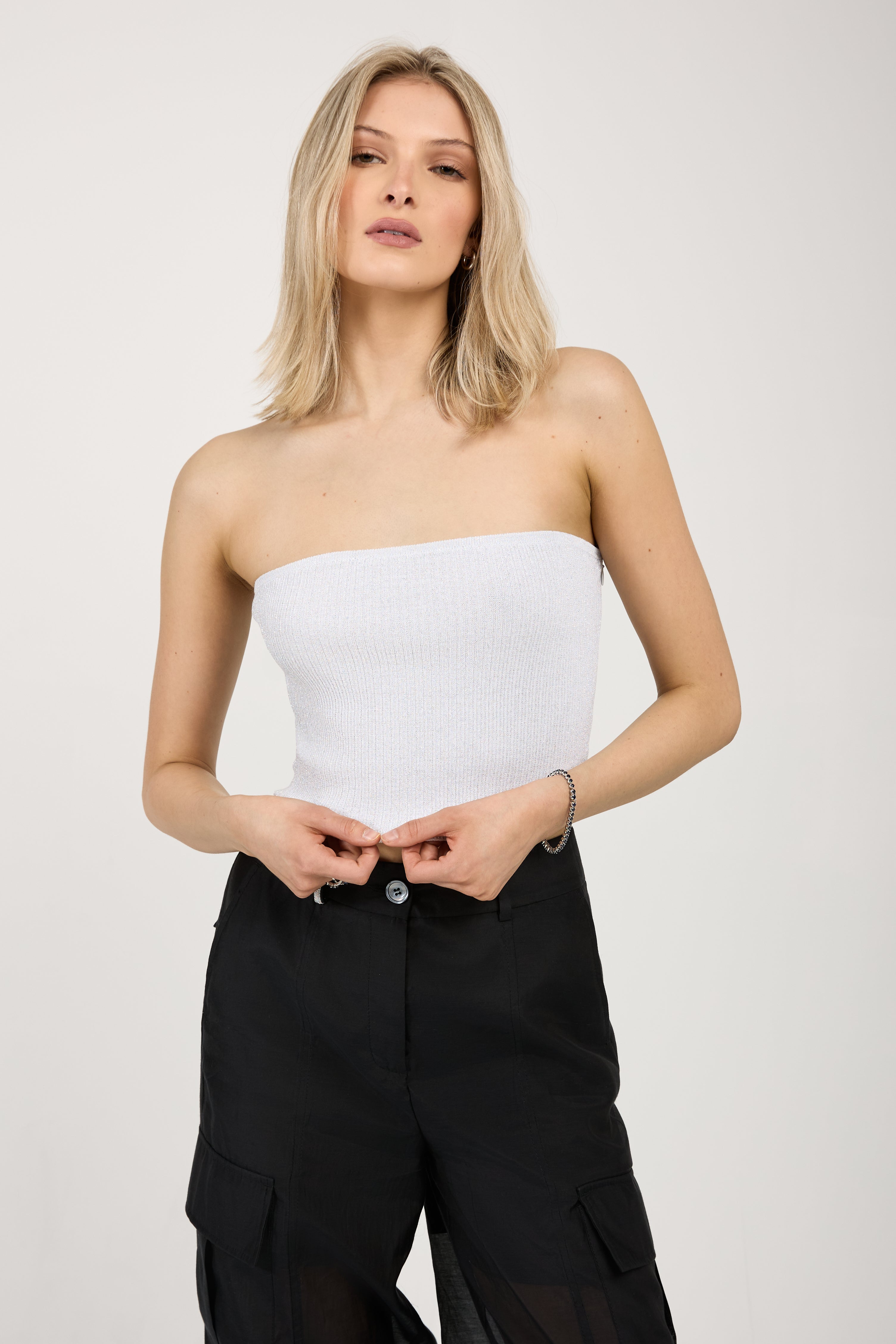 Cotton Knit Bustier Top White Silver Lurex