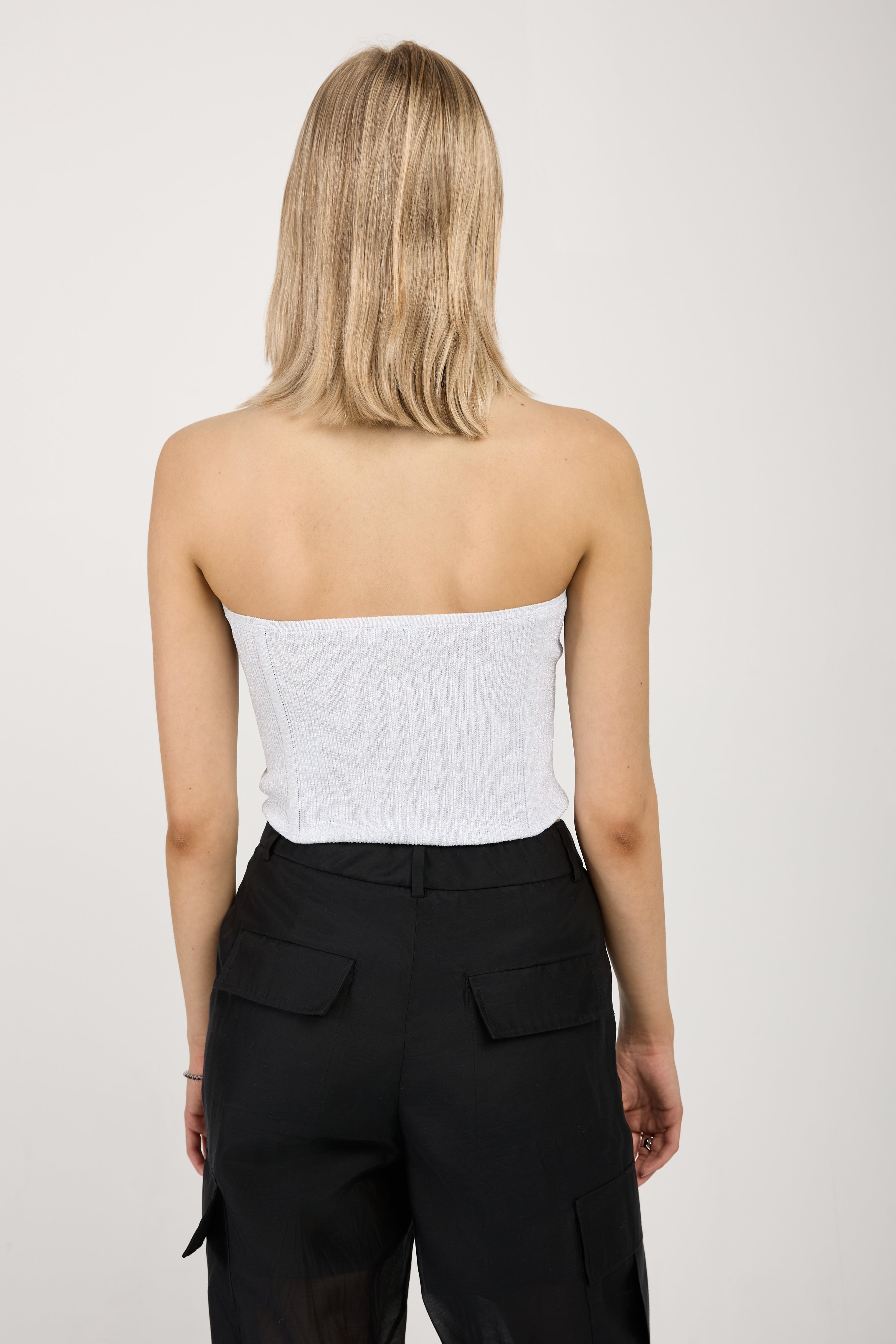 Cotton Knit Bustier Top White Silver Lurex