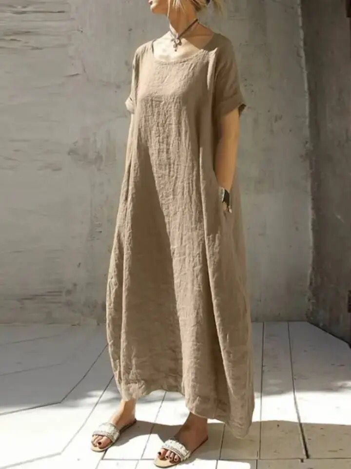 Cotton Linen Women's Summer Dress - Loose Round Neck Short Sleeve Casual Long Dress (B-18673)