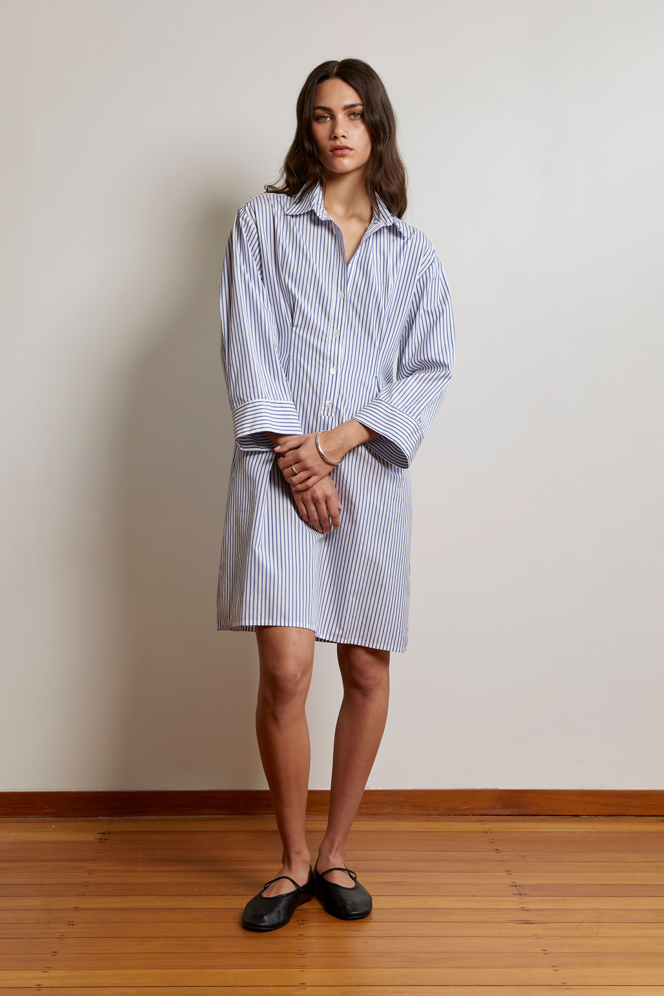 Cotton Stripe Dark Blue White Pullover Shirt Dress