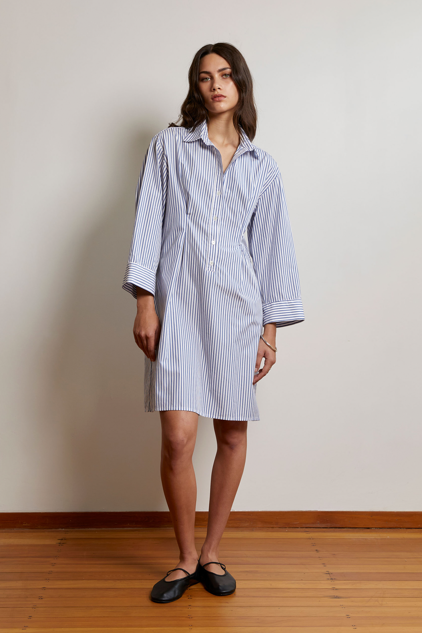 Cotton Stripe Dark Blue White Pullover Shirt Dress