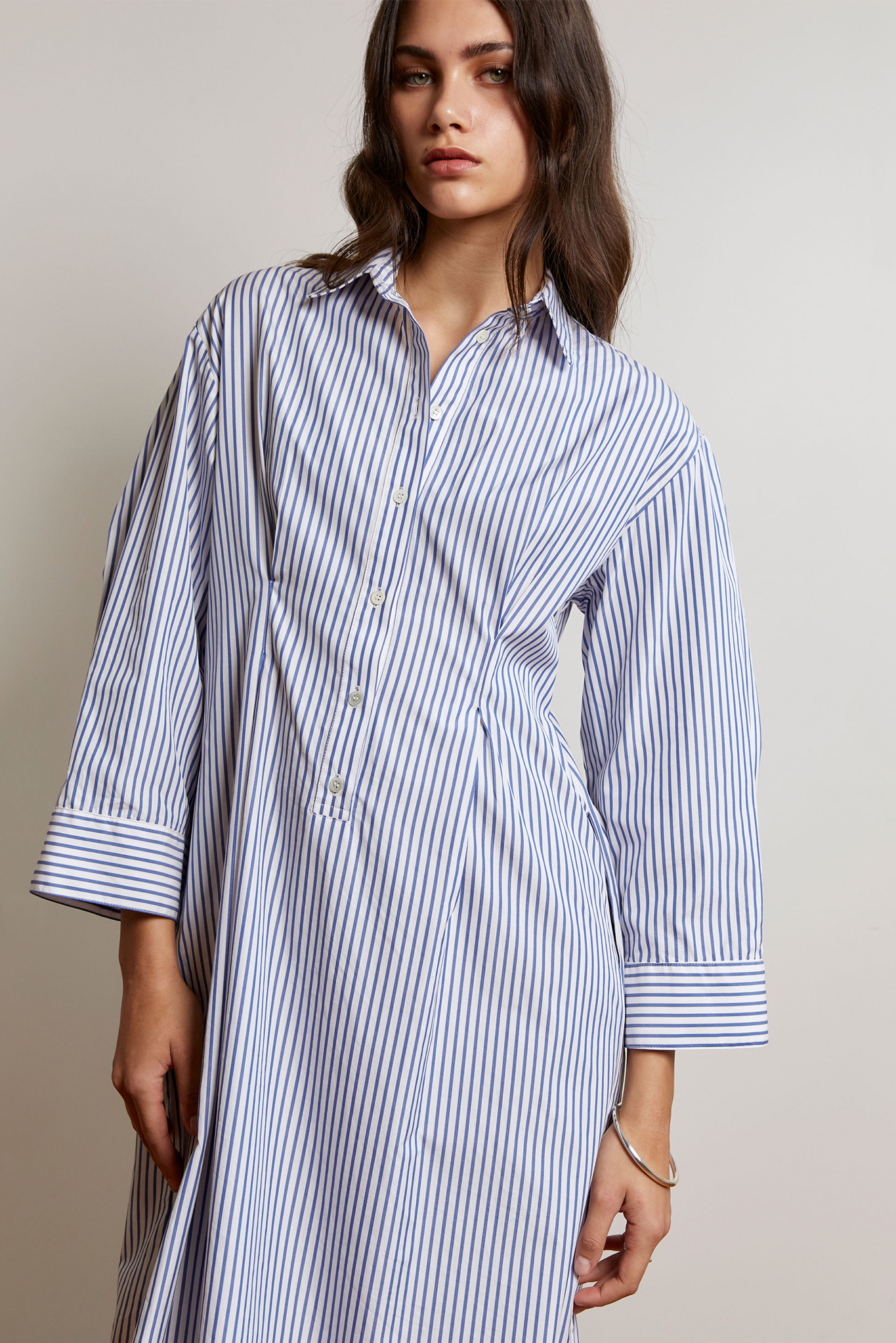 Cotton Stripe Dark Blue White Pullover Shirt Dress