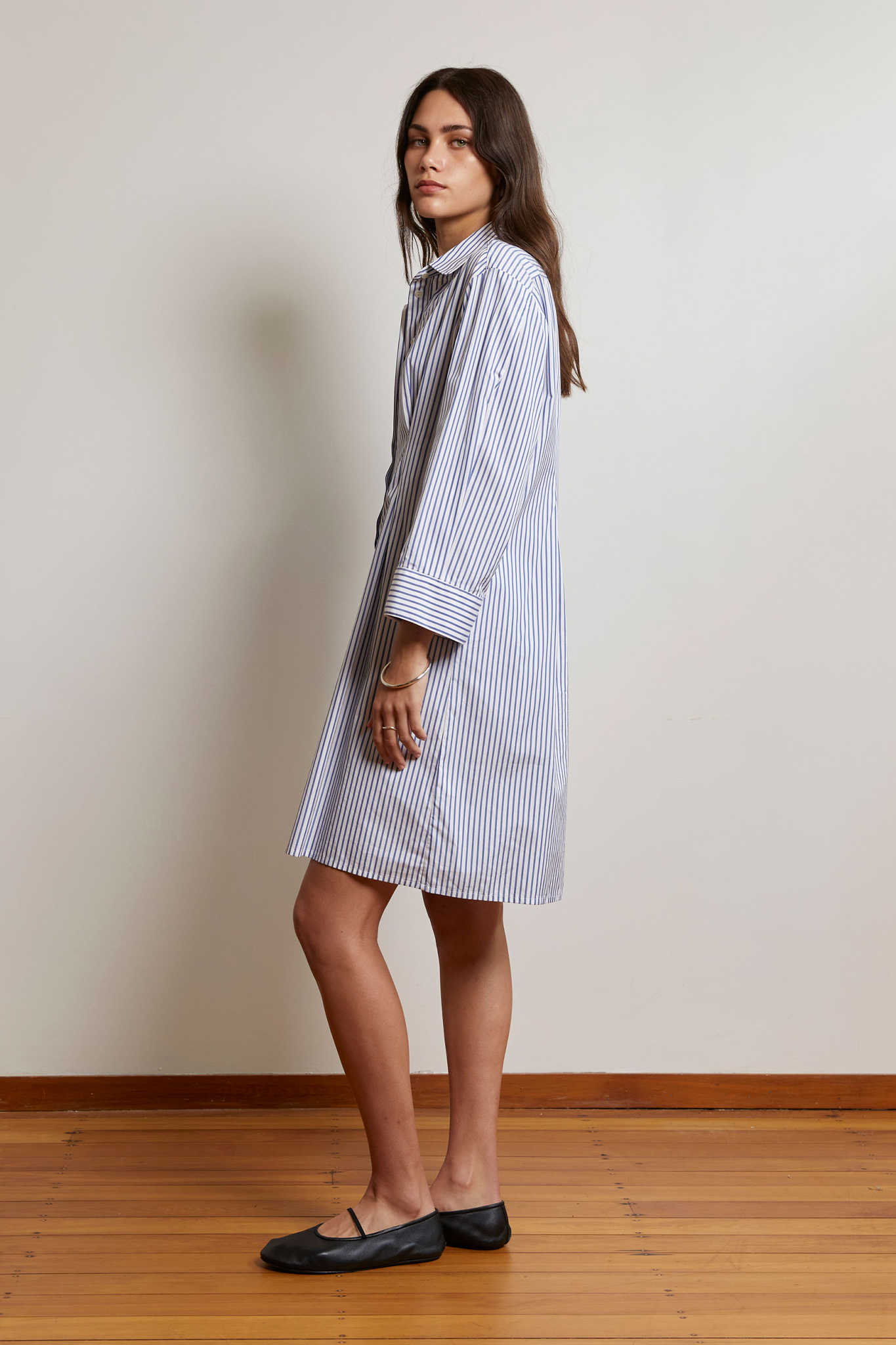 Cotton Stripe Dark Blue White Pullover Shirt Dress