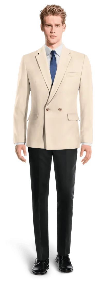 Cream slim fit stretch double-breasted blazer.