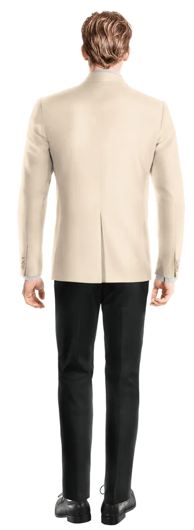 Cream slim fit stretch double-breasted blazer.