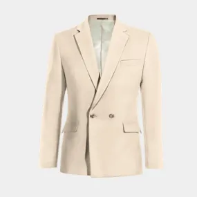 Cream slim fit stretch double-breasted blazer.