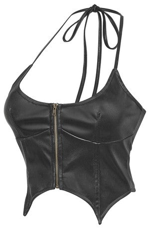 Crystal Halter Faux Leather Crop Top - Zipper Bustier