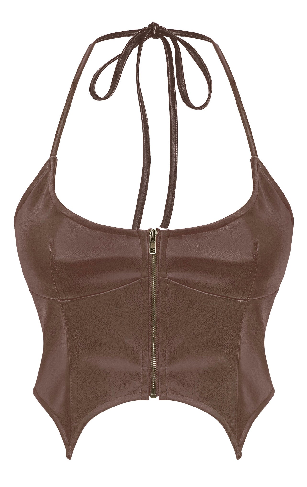 Crystal Halter Faux Leather Crop Top - Zipper Bustier