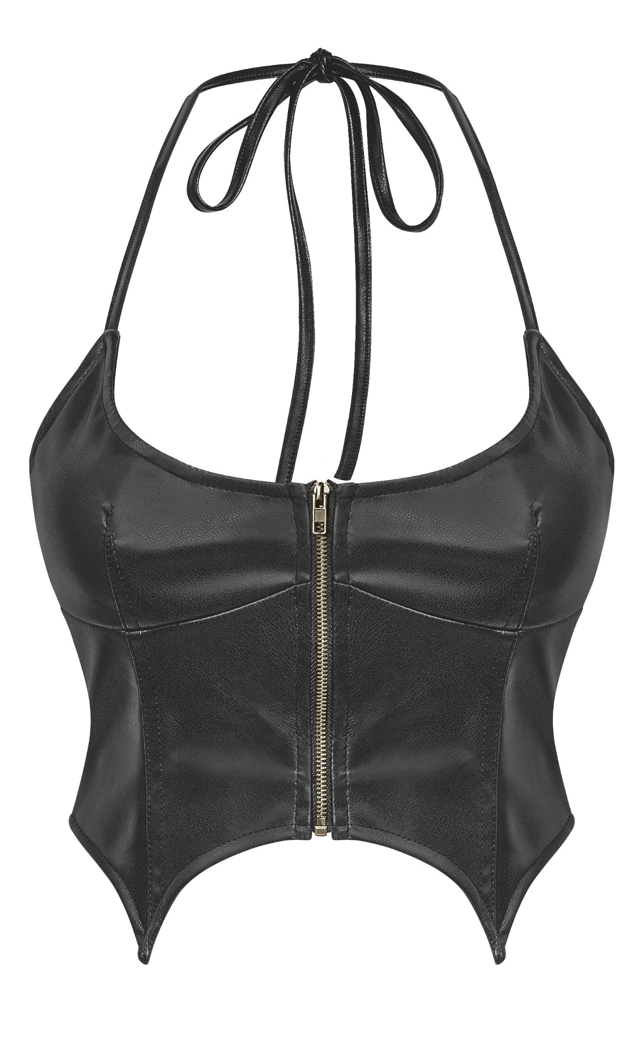 Crystal Halter Faux Leather Zipper Crop Top