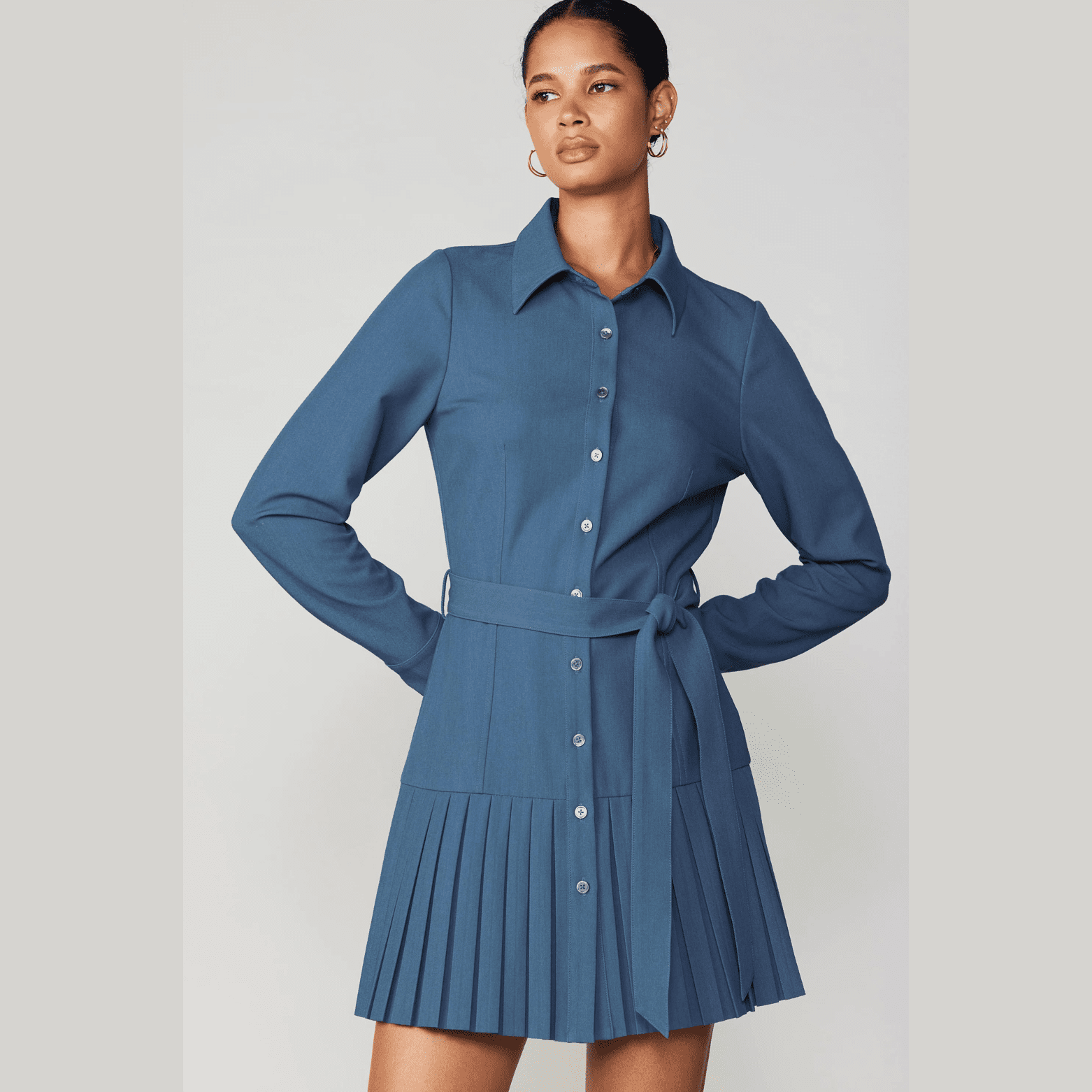 Current Air Pleated Button Down Shirt Dress Aegean Blue