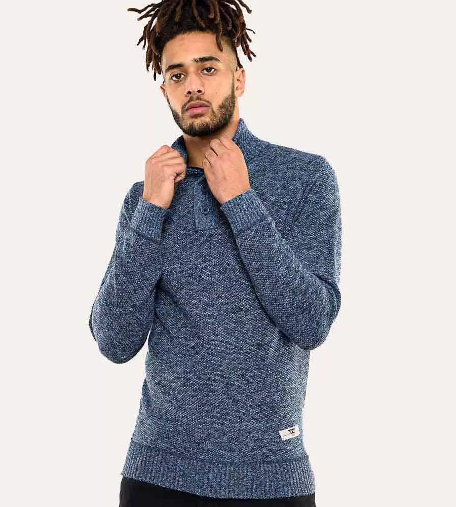 Men's Blue Twisted Yarn Sweater with Zipper & Button Neck by D555 (WILMINGTON)