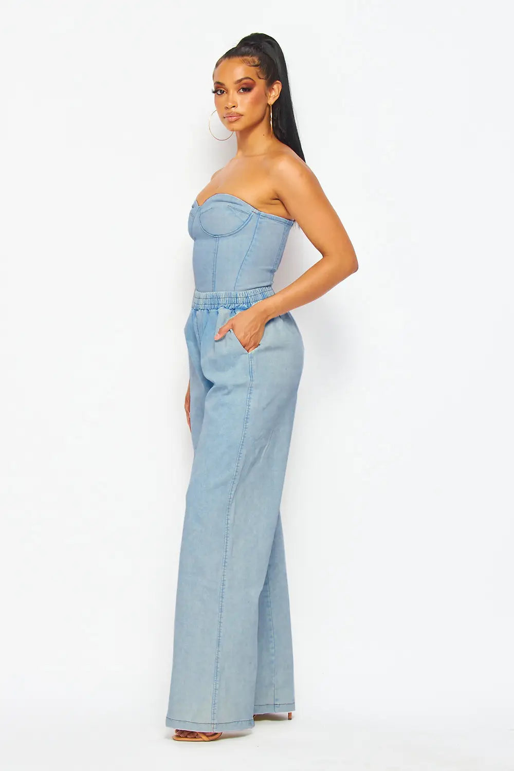 Denim bustier top and jeans | Shop now for trendy denim outfit | Get the best deals on denim bustier tops and jeans | Buy stylis