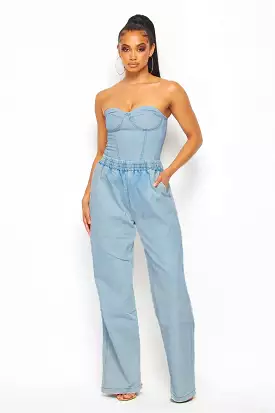 Denim bustier top and jeans | Shop now for trendy denim outfit | Get the best deals on denim bustier tops and jeans | Buy stylis