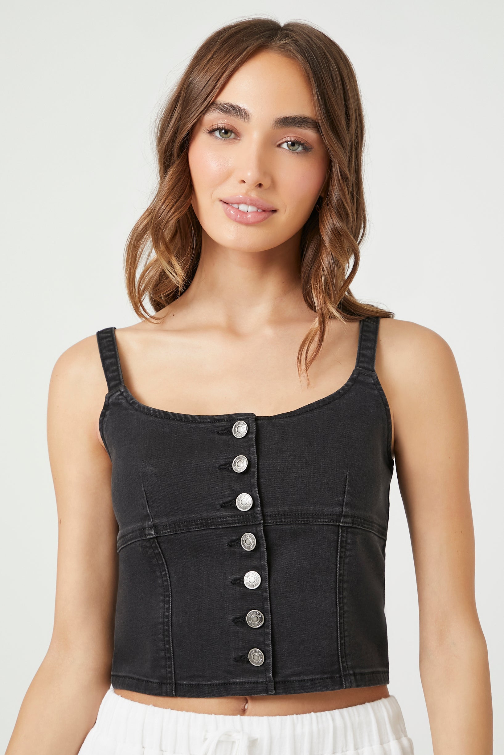 Denim Button-Front Bustier Cami - Google SEO friendly: Button-Up Denim Bustier Camisole