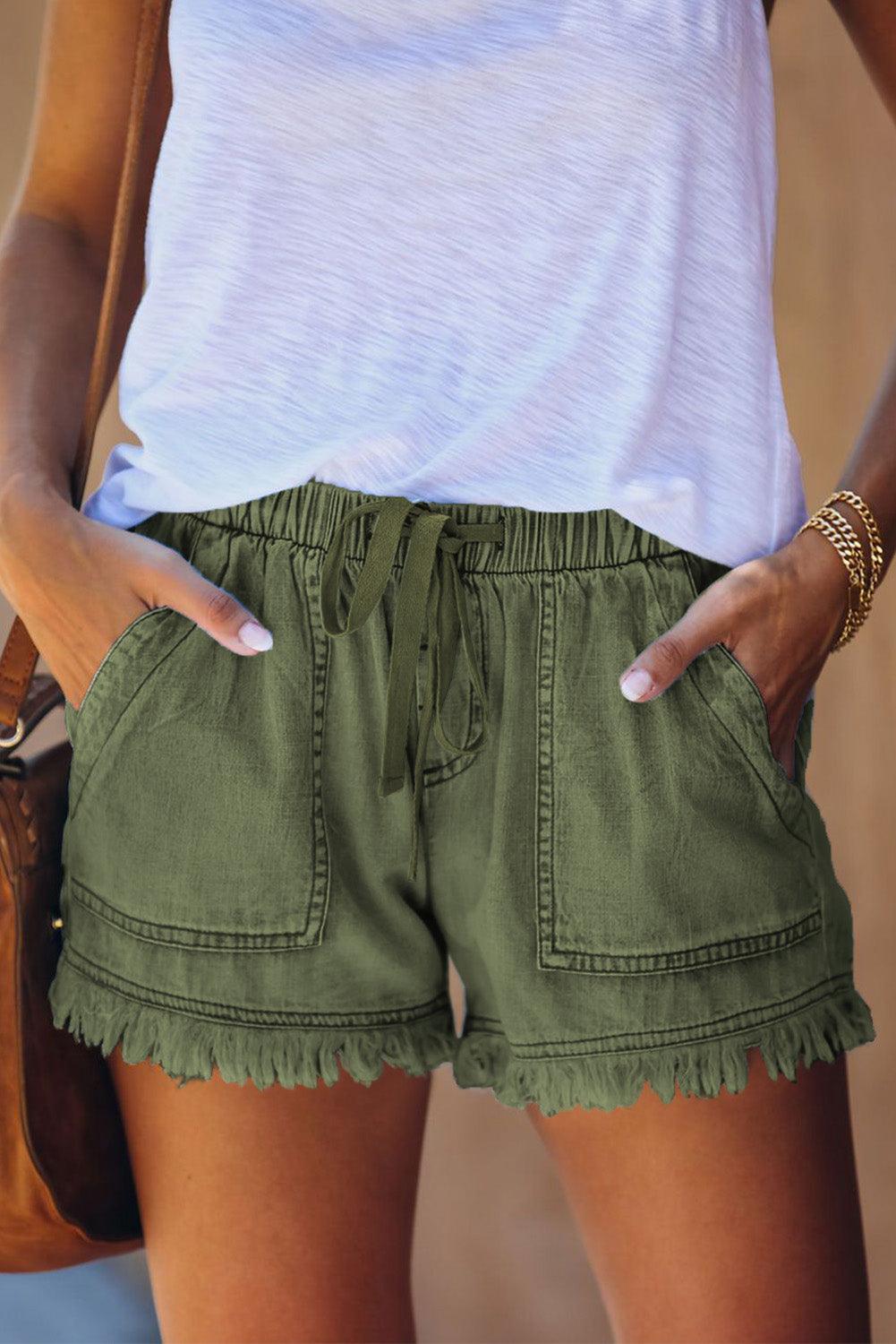 Denim Shorts with Pockets and Frayed Edges