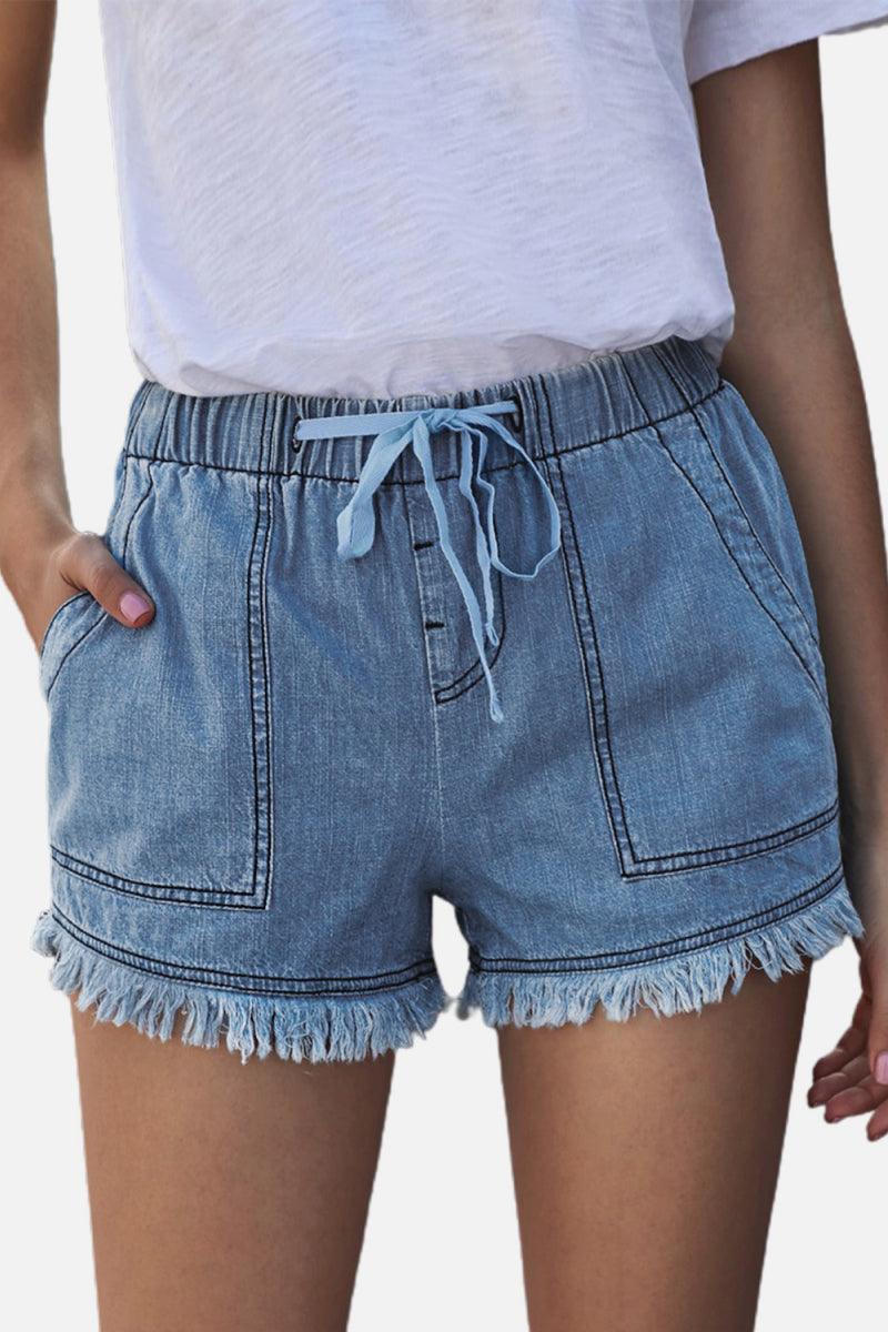 Denim Shorts with Pockets and Frayed Edges