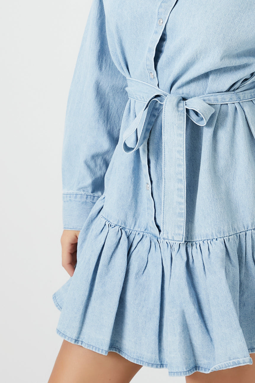 Denim Tie-Front Mini Shirt Dress - Google SEO friendly result: Blue Jean Tie-Front Short Dress