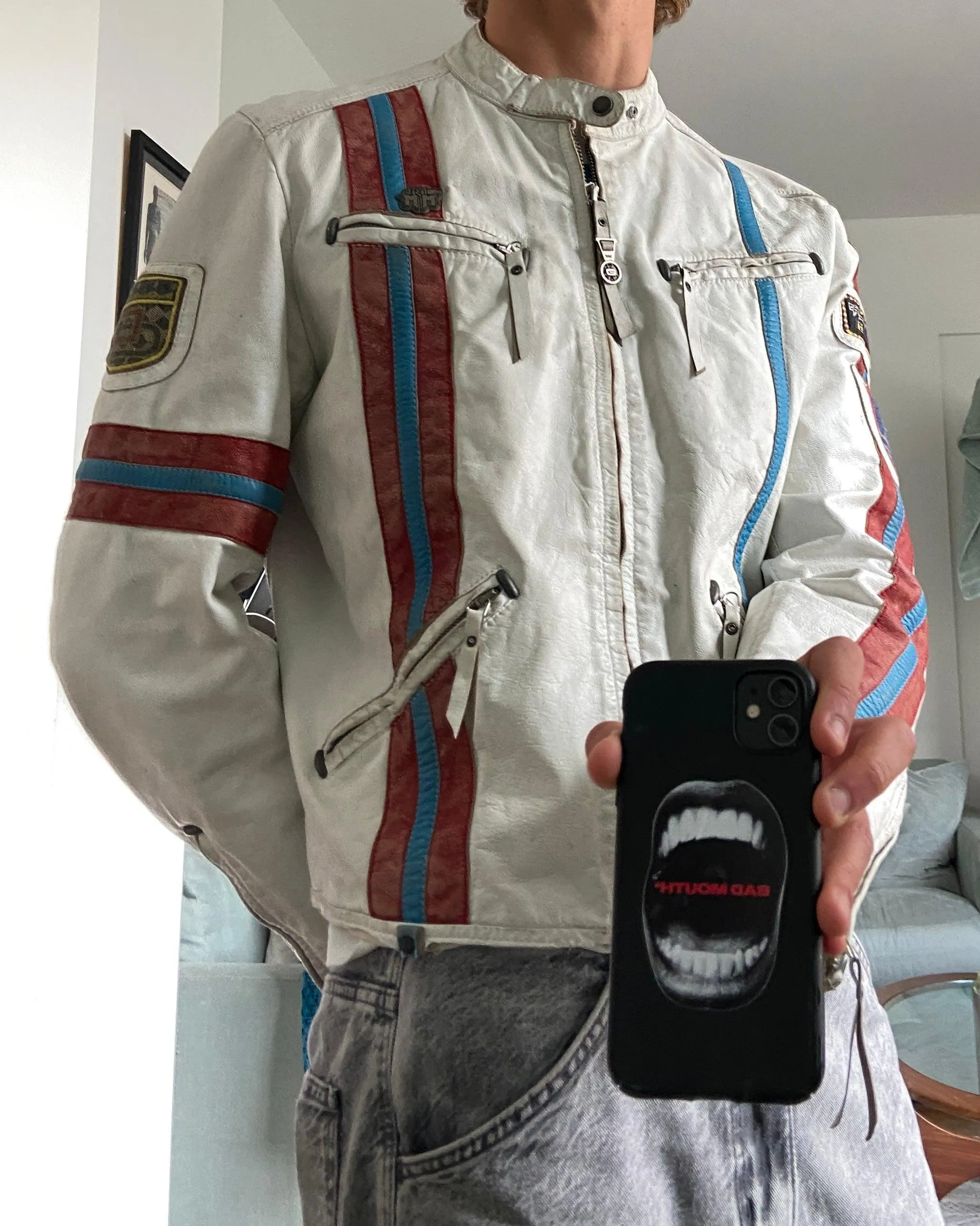 DIESEL White Leather Racer Jacket from 2000s