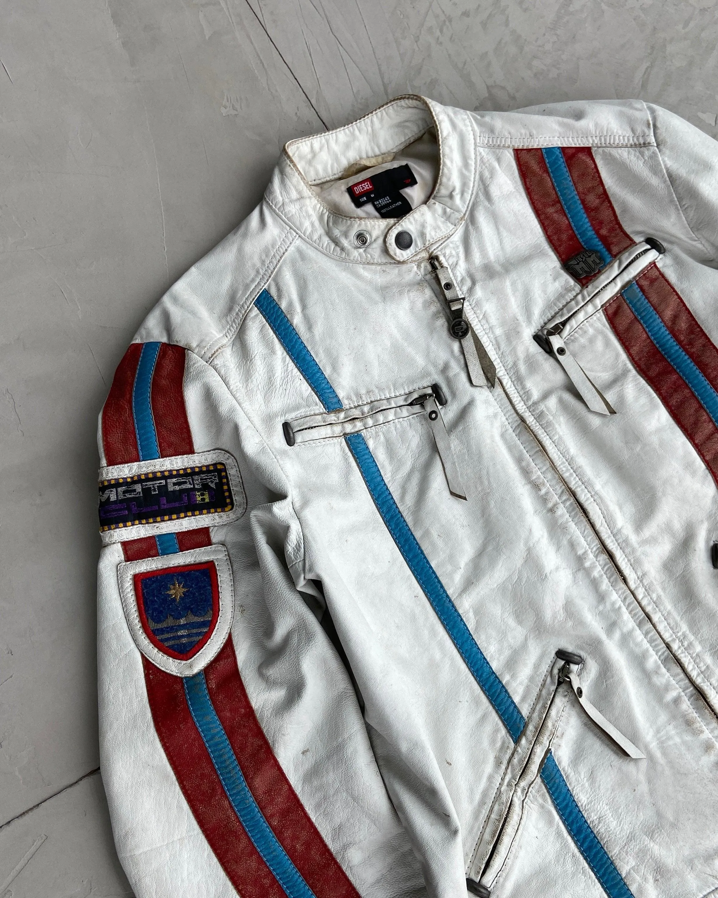 DIESEL White Leather Racer Jacket from 2000s