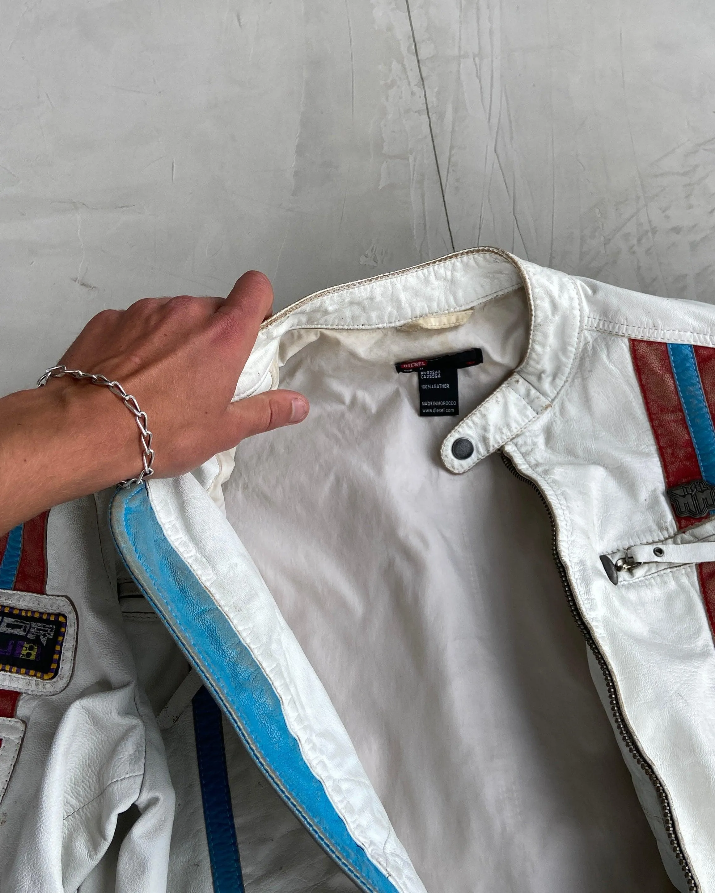 DIESEL White Leather Racer Jacket from 2000s