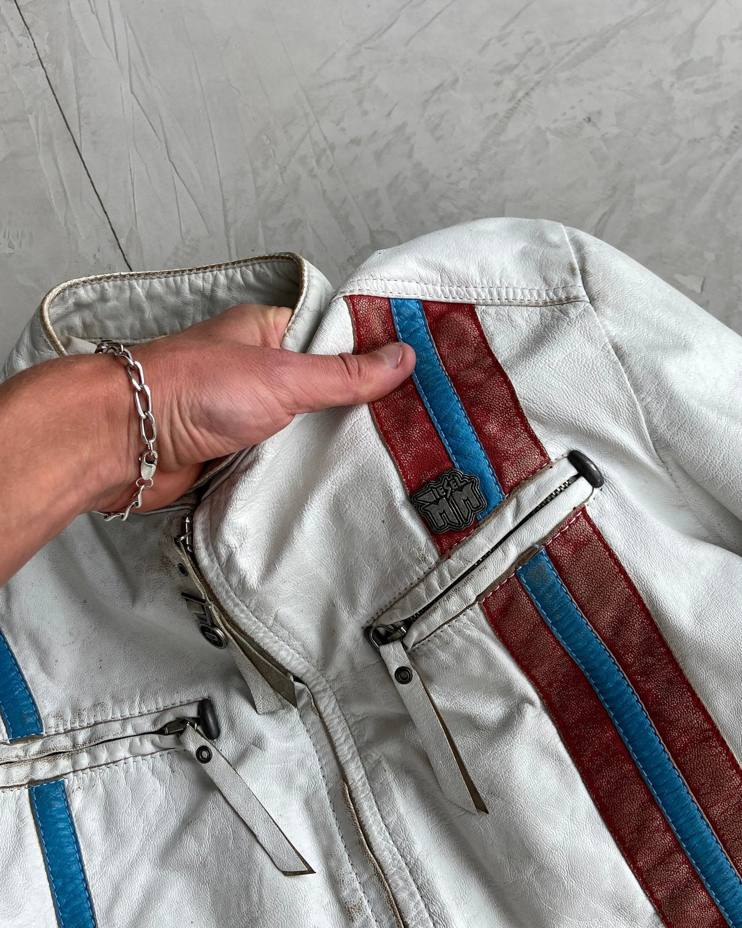 DIESEL White Leather Racer Jacket from 2000s