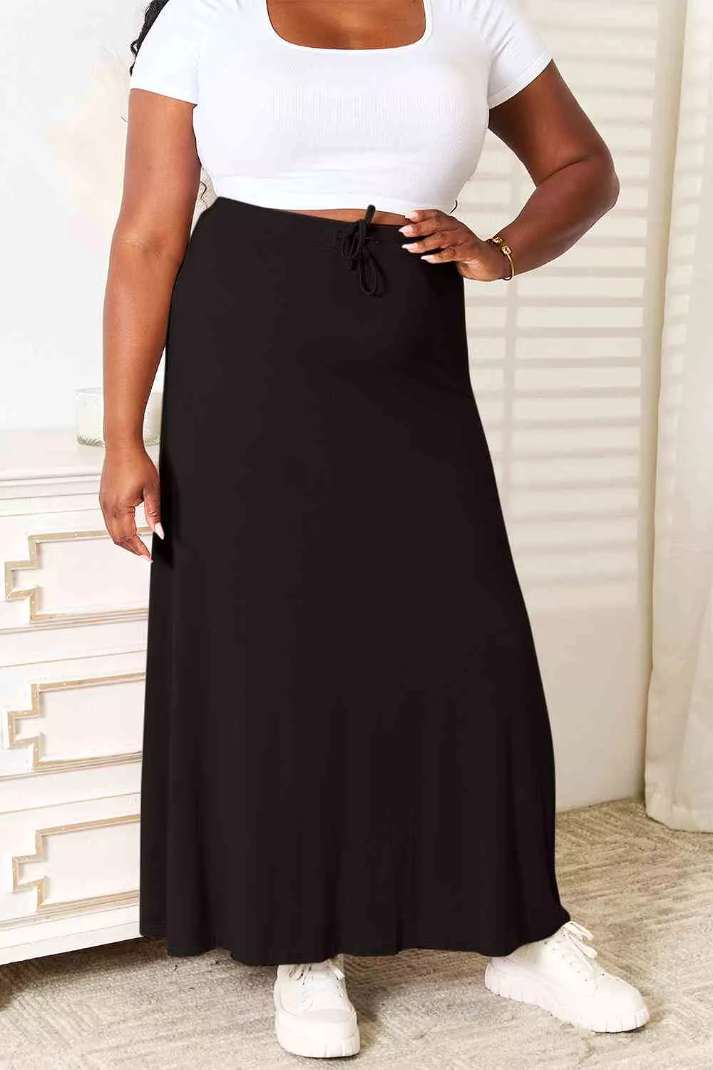 Double Take Maxi Skirt - Full Size, Soft Rayon, Drawstring Waist