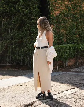 Drew Denim Midi Skirt, Latte