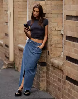 Drew Denim Midi Skirt (Mid Wash) - Shop Now