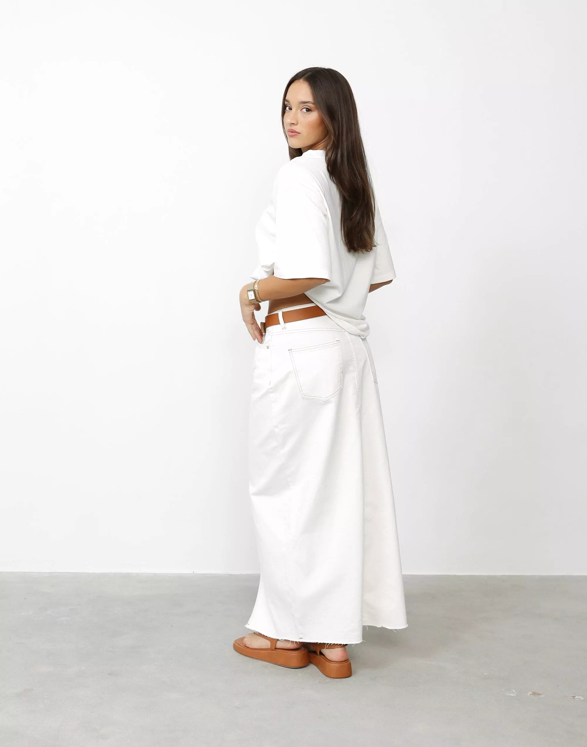 Drew Off White Denim Midi Skirt