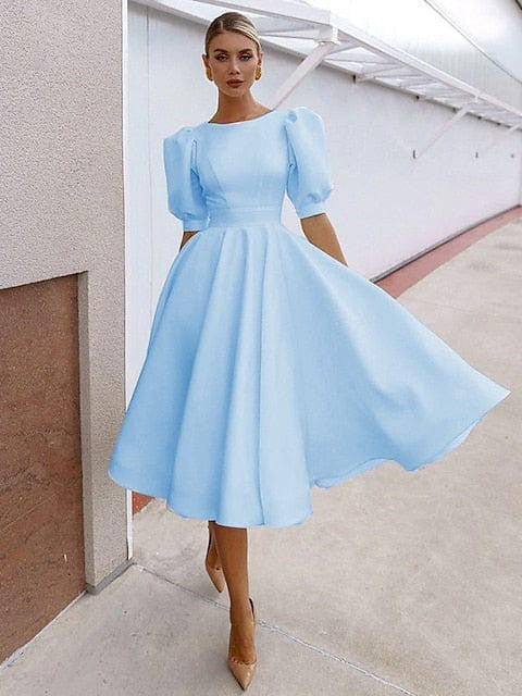 Elegant Backless Swing Dress for Women with Short Sleeves and Crew Neck