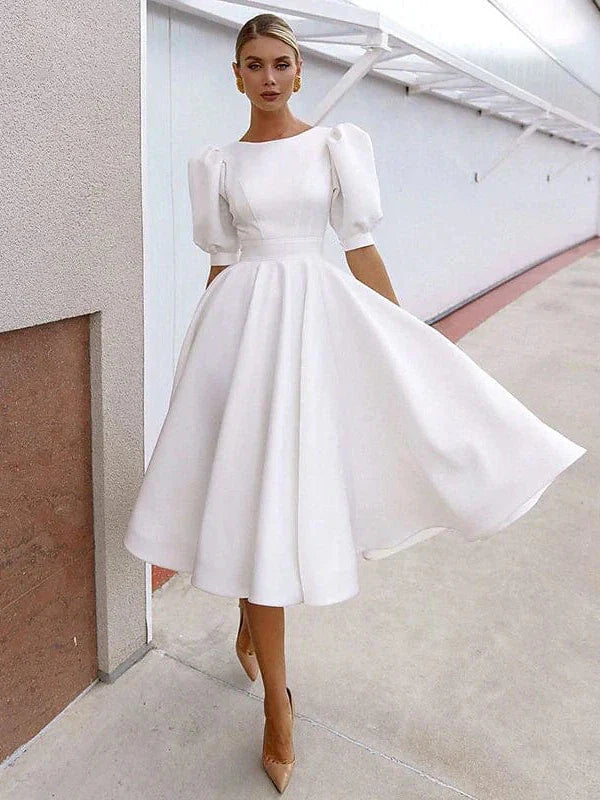 Elegant Backless Swing Dress for Women with Short Sleeves and Crew Neck