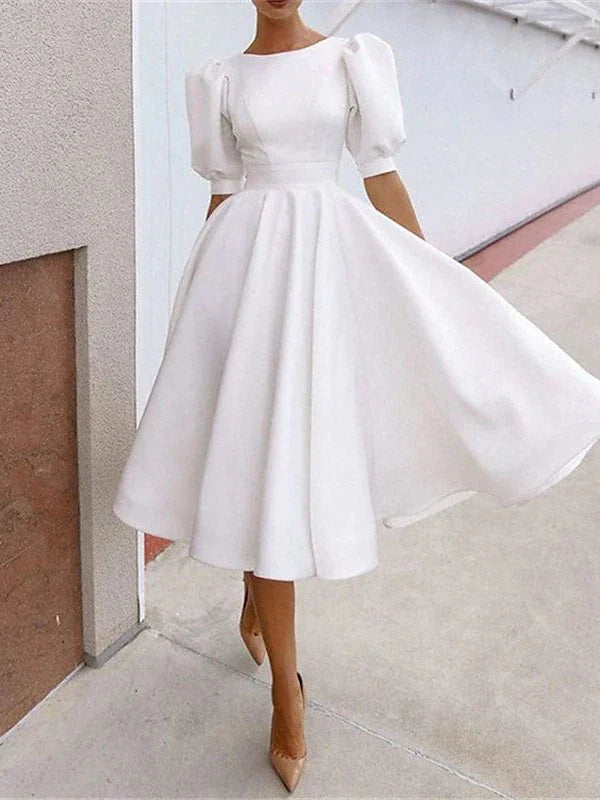 Elegant Backless Swing Dress for Women with Short Sleeves and Crew Neck