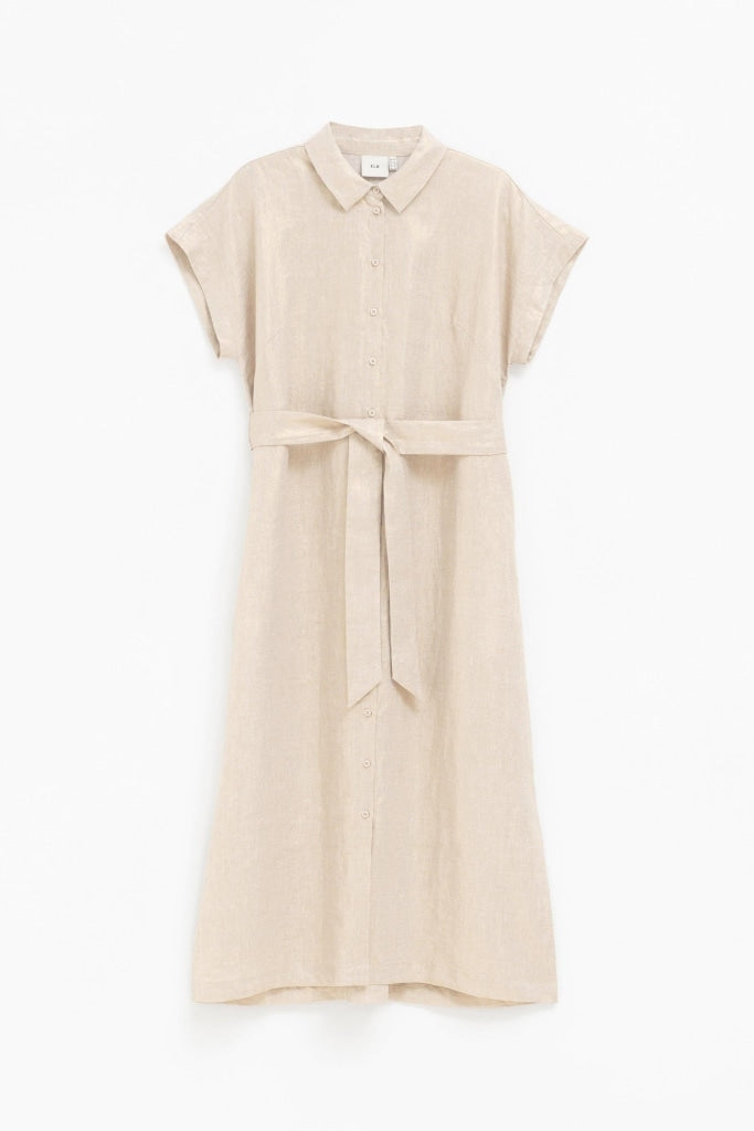 elk label, metallic gold linen shirt dress