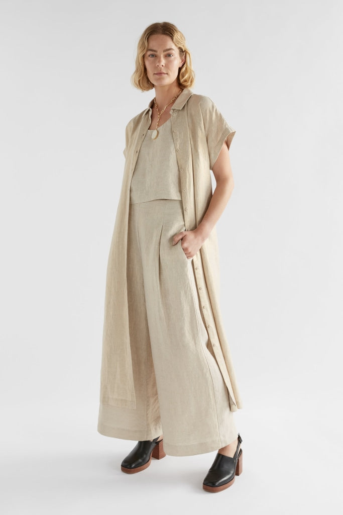 elk label, metallic gold linen shirt dress