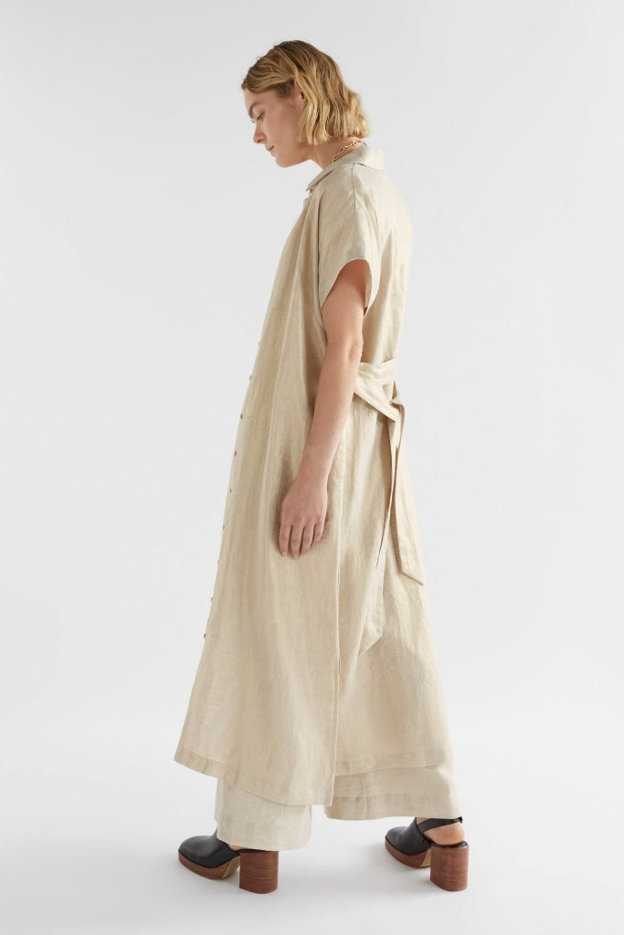 elk label, metallic gold linen shirt dress