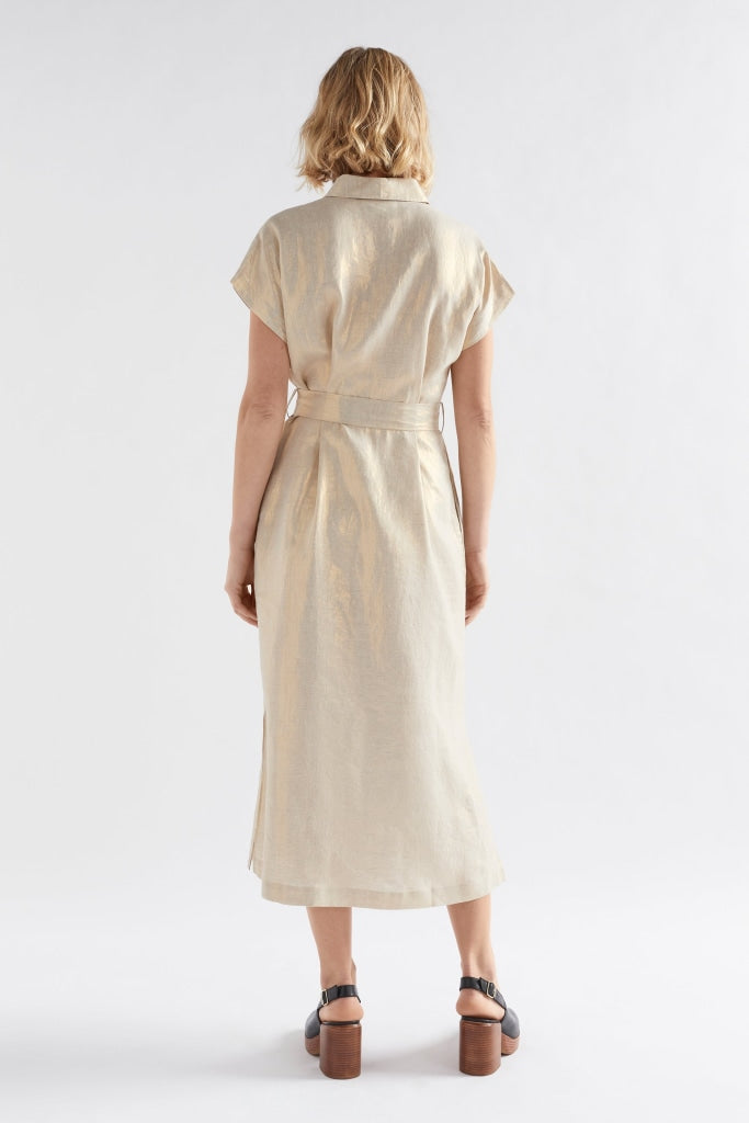 elk label, metallic gold linen shirt dress