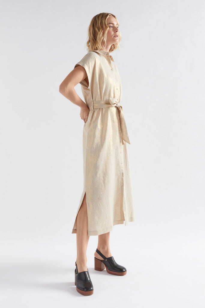 elk label, metallic gold linen shirt dress