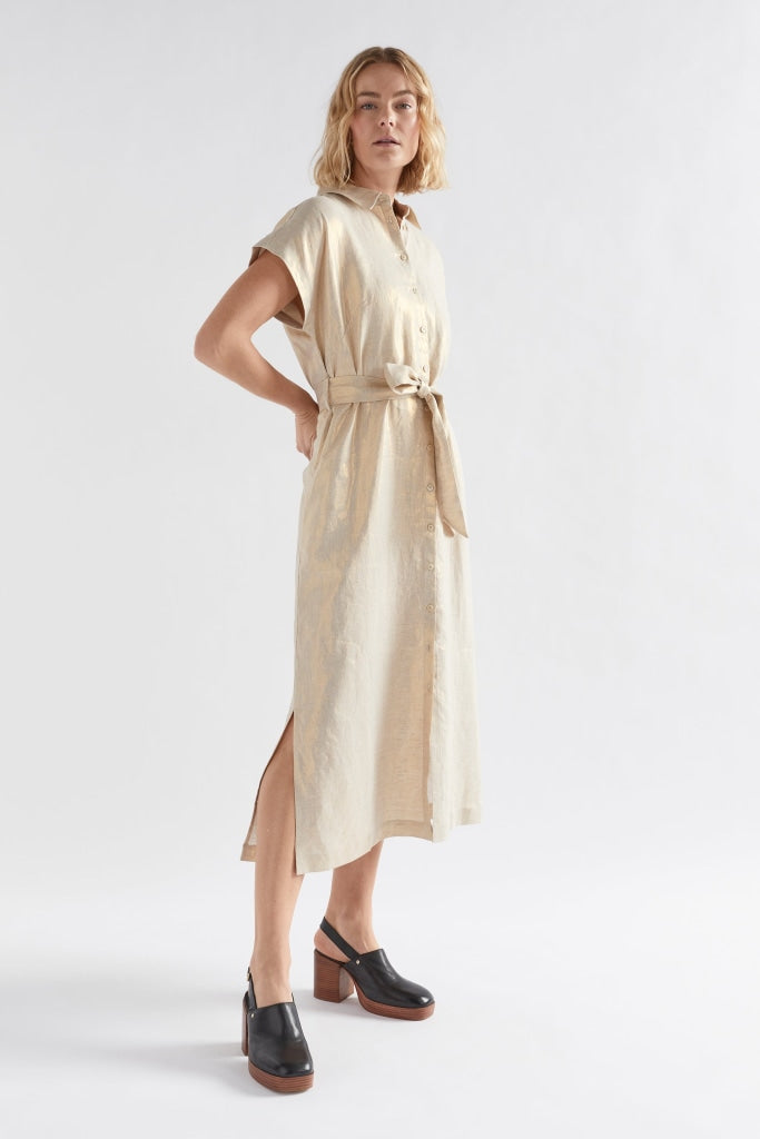 elk label, metallic gold linen shirt dress